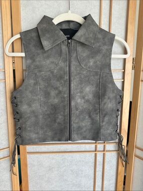 Grey Faux Leather Zip Front Vest with Lace-Up Sides
